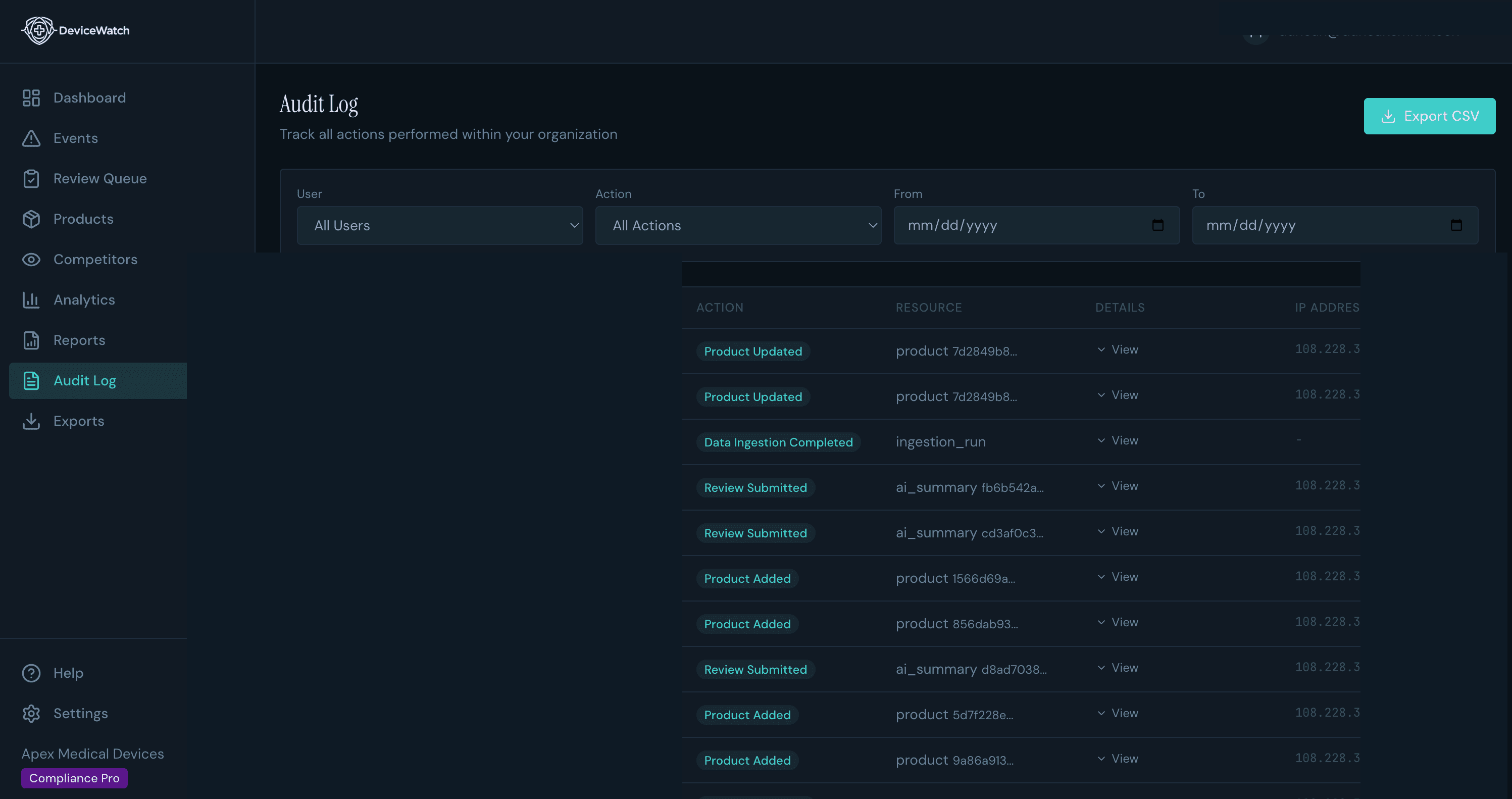 Audit log showing recorded actions and server timestamps