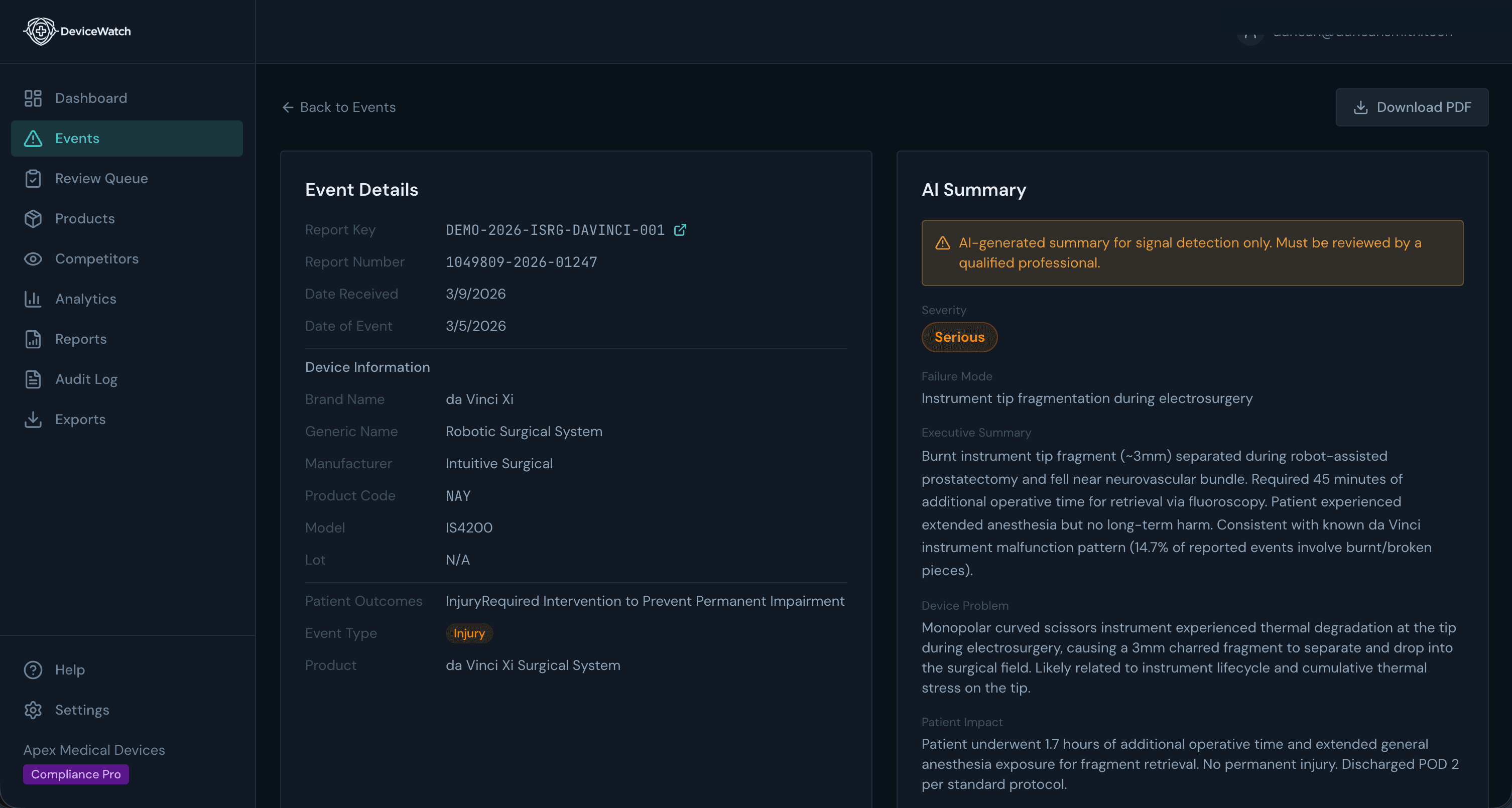 Event detail view showing AI-generated summary alongside original FDA MAUDE report data