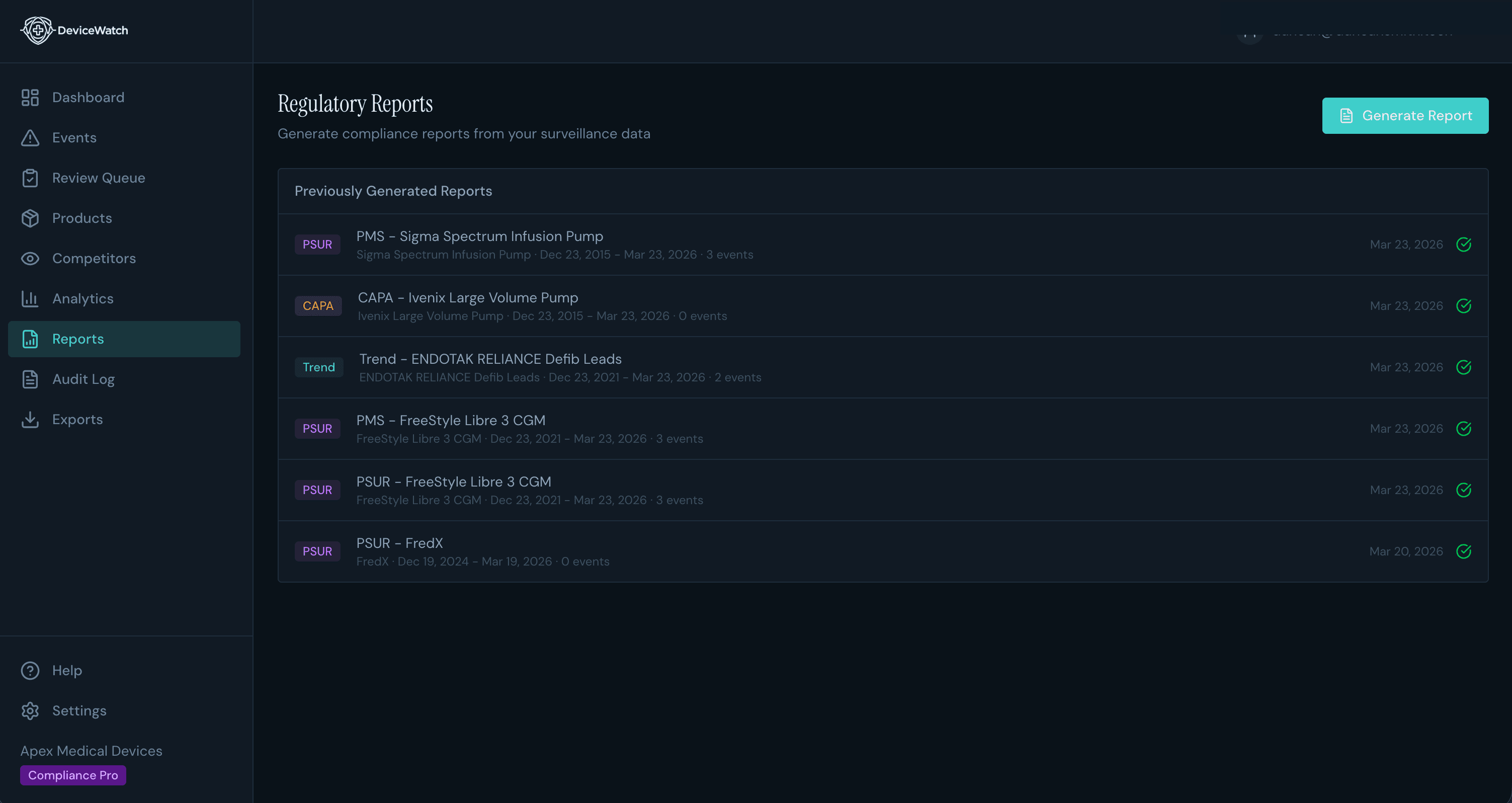 Regulatory reports dashboard showing PSURs, CAPA summaries, and trend analyses