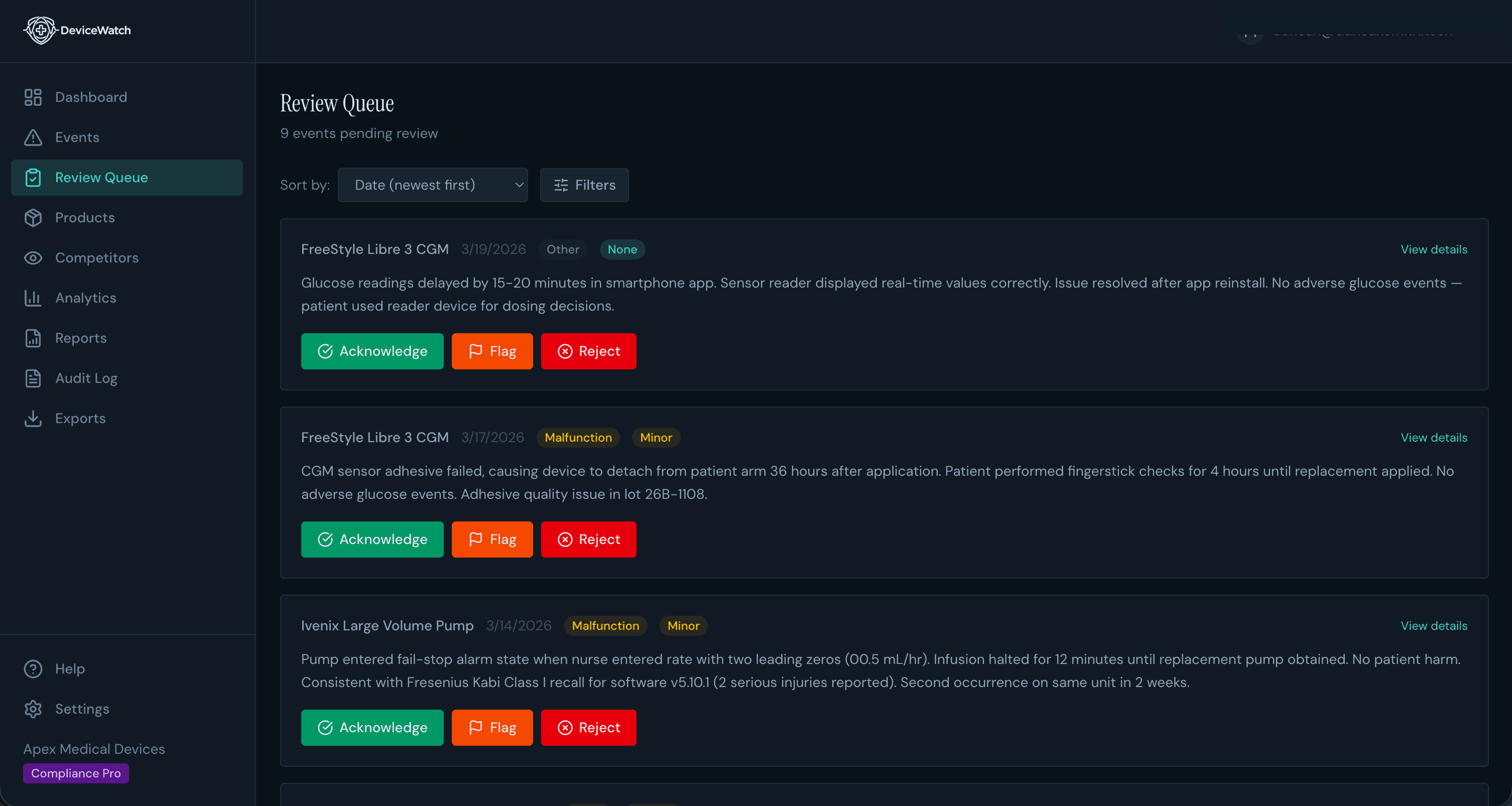 Human review queue with acknowledge, flag, and reject actions for each AI-analyzed adverse event
